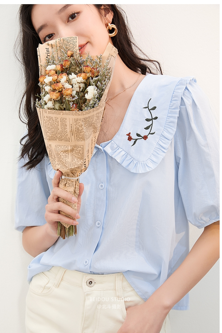 法式刺绣娃娃领衬衫夏季女装新款宽松休闲短袖衬衣